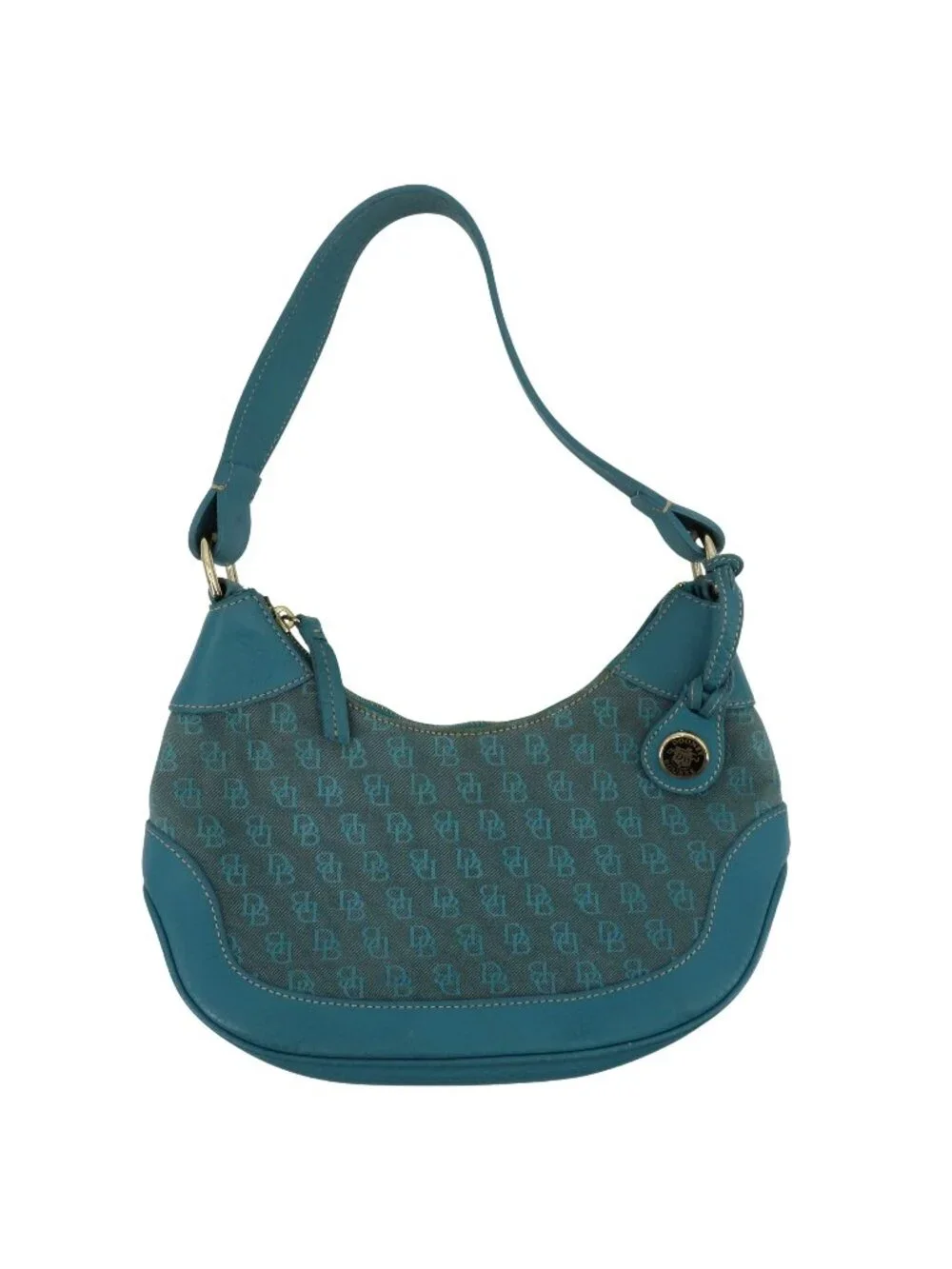 Dooney and Bourke Signature DB Logo Jacquard Hobo Shoulder Bag Blue Leather Y2K